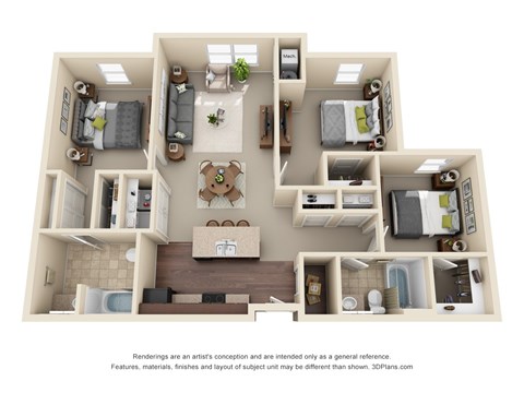A 3D floor plan of a house with a kitchen, living room, and bedrooms.